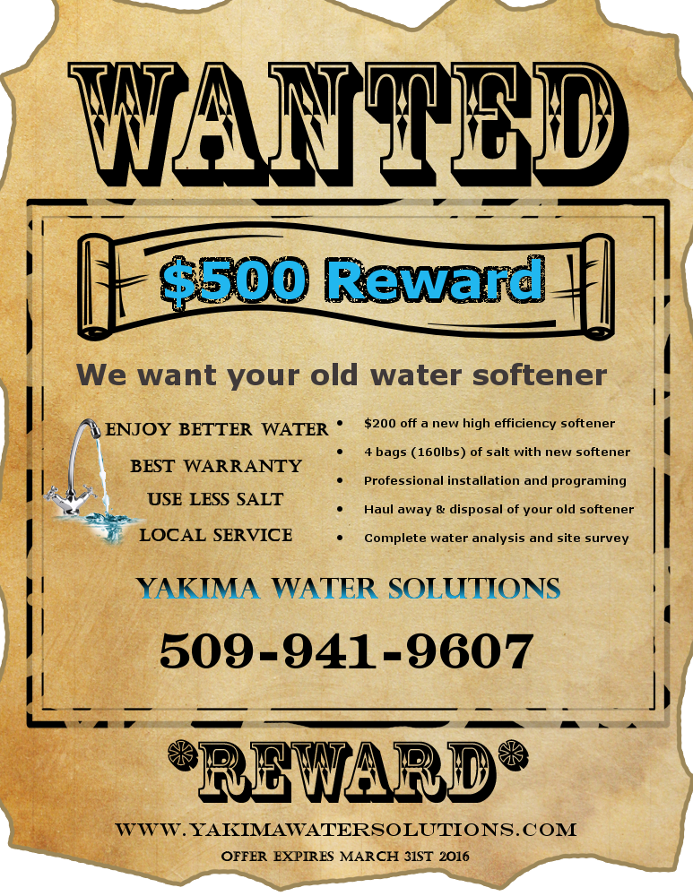 Yakima Water Solutions wants your old Culligan, Eco Water, Kinetico, RainsSoft, GE, Sears and other water softeners